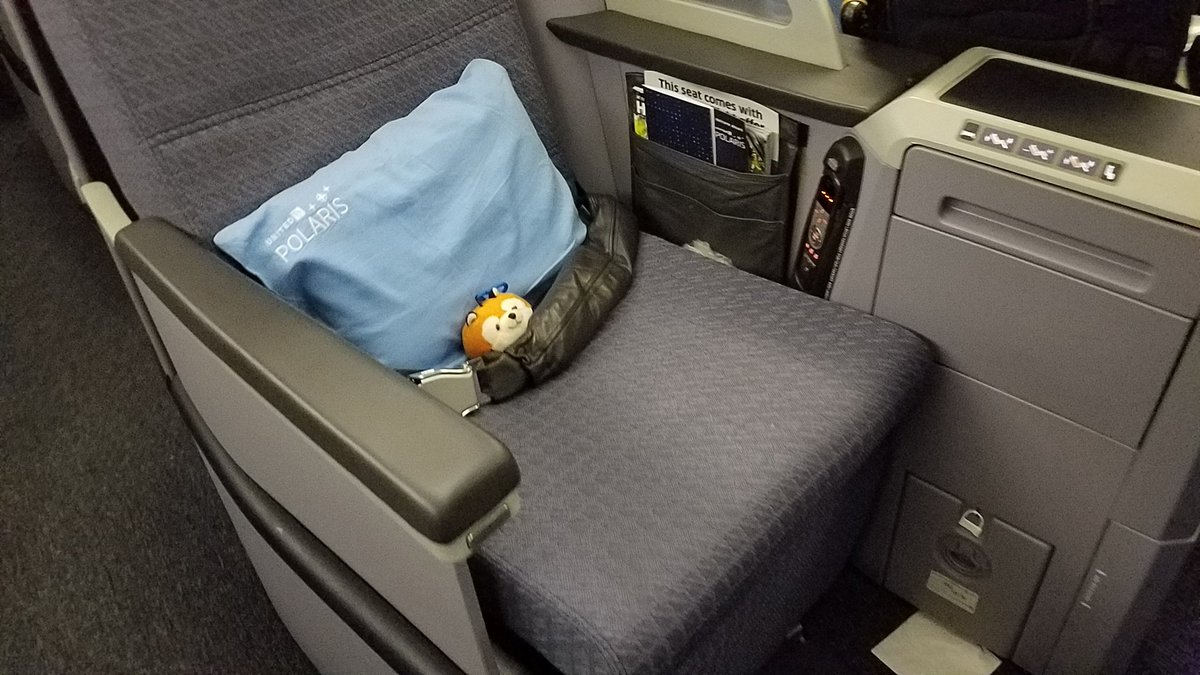 A plush fox in a business class airliner seat