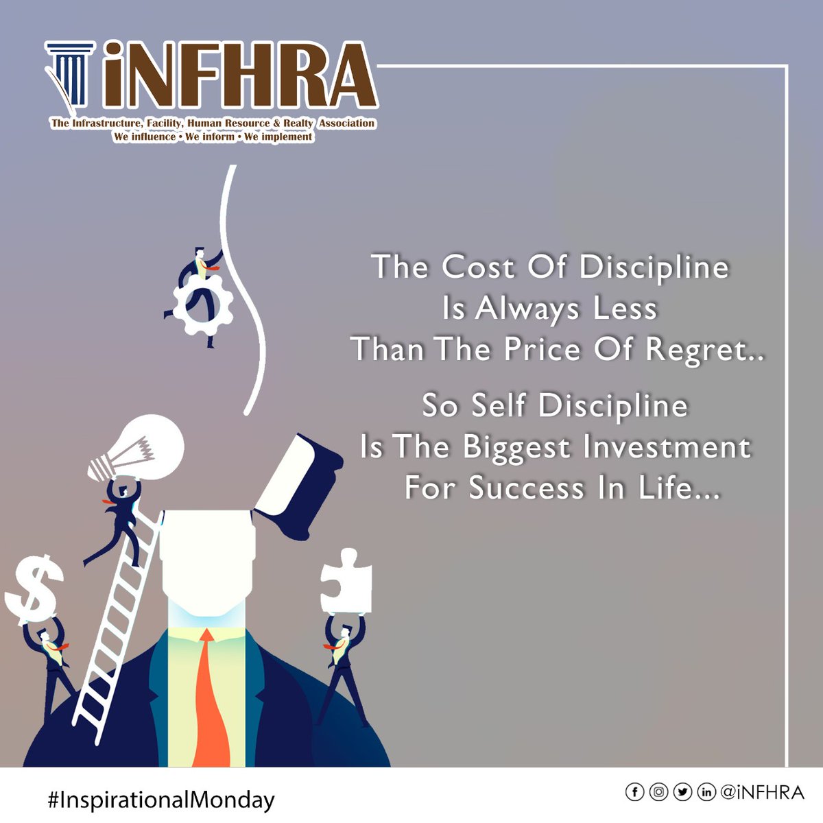 theinfhra's tweet photo. The cost of discipline is always less than the price of regret...
So self discipline is the biggest investment for success in life...

#iNFHRA #MondayMotivation #discipline #success #investment #successinlife #selfdiscipline #monday #excellencework #excellencejob #MondayMorning https://t.co/FfdwS8rqEB