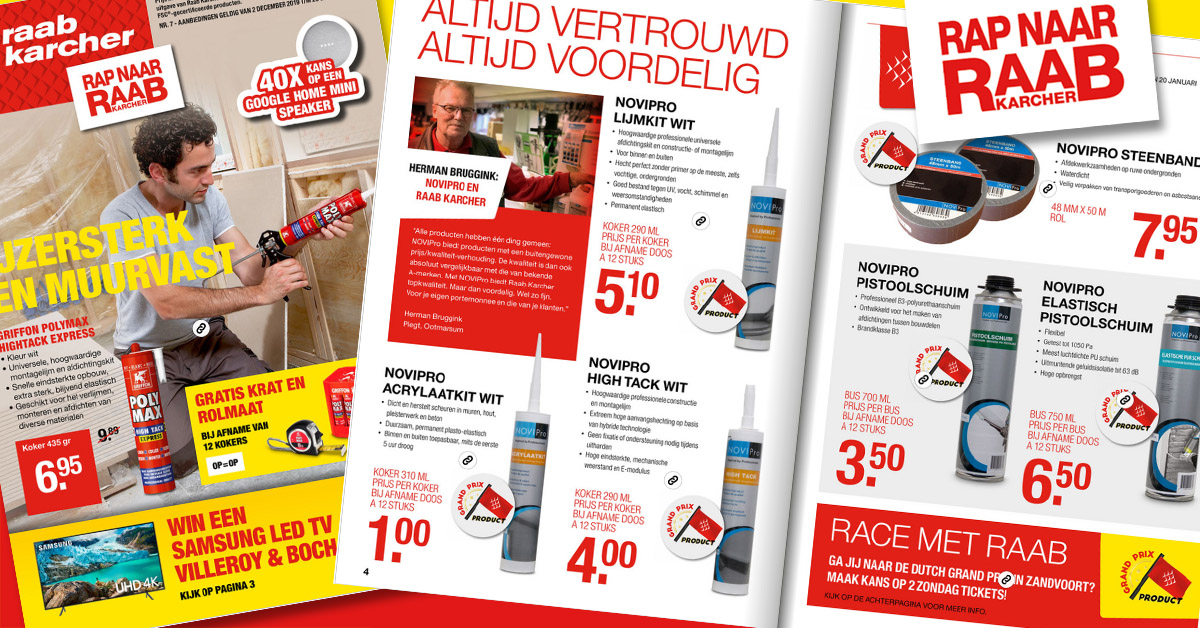 Deze week bij Raab in de actiekrant, Verschillende NoviPro artikelen in de aanbieding. Waaronder Lijmkit, acrylaatkit, High Tack, steenband &amp; pistoolschuim. NoviPro, altijd vertrouwd &amp; altijd voordelig! Bekijk de laatste actieproducten direct online --> ow.ly/Ja3L50y0T2b