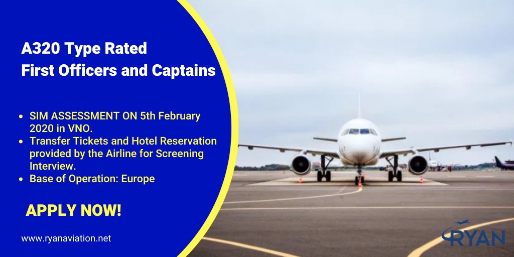 ryanaviation2's tweet photo. #JoinUs

We are hiring for A320 First Officers and Captains for the rapidly expanding ACMI charter airline within Europe. Apply on sree@ryanaviation.net OR by clicking the link below:

SIM on 5th February 2020 in VNO - You will be provided with Tickets and Hotel for SIM. https://t.co/byBnhDDWyp