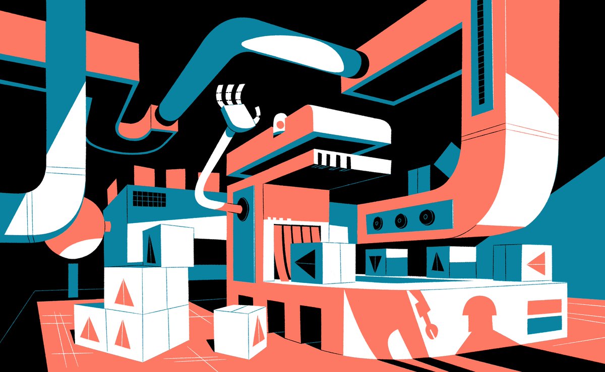Graphic illustration of a conveyor belt machine in a factory. It's smiling and its arms are waving. Shadows of its manufacturers with tolls in hand are cast against it, as they approach ominously. The image is black, white, coral and blue.