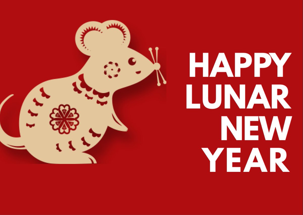 A cutout illustration of a rat with the words Happy Lunar New Year.