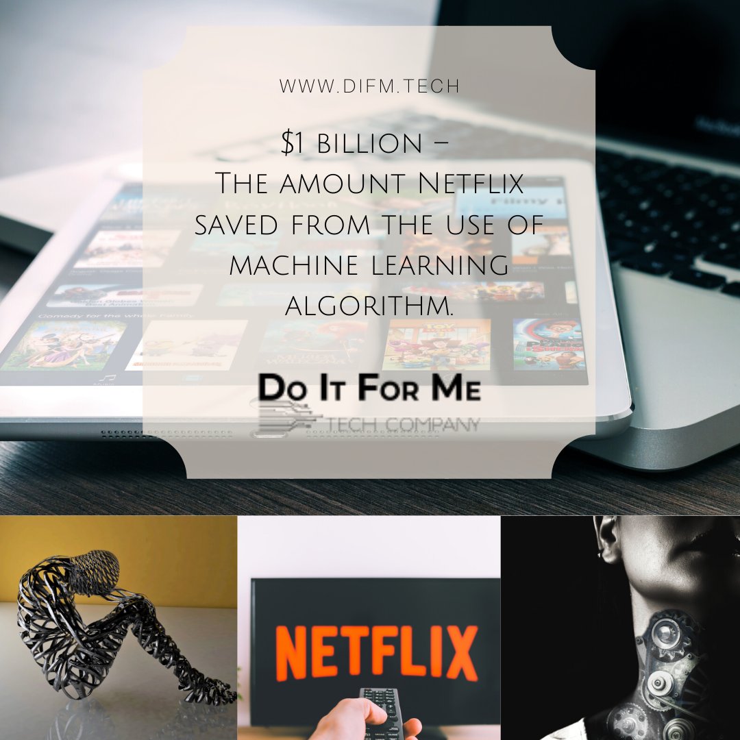 difm_llc's tweet image. $1 billion The amount #Netflix saved from the use of #machinelearningalgorithm. 
Source:technisider.com
#machinemondays #techmondays #marketingmondays #difmtech #difm #difmgroup #doitforme #ml #MondayMotivation #MotivationMonday #MarketingMonday #machinelearningalgorithms