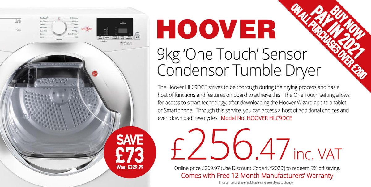 PowerDirectUK's tweet image. January #Clearance #Sale.. Hoover HLC9DCE 9kg ‘One Touch’ Sensor Condensor Tumble Dryer only £256.47 with #Discount Code &apos;NY2020&apos;.. #Save £73.. bit.ly/2mc0rw1
