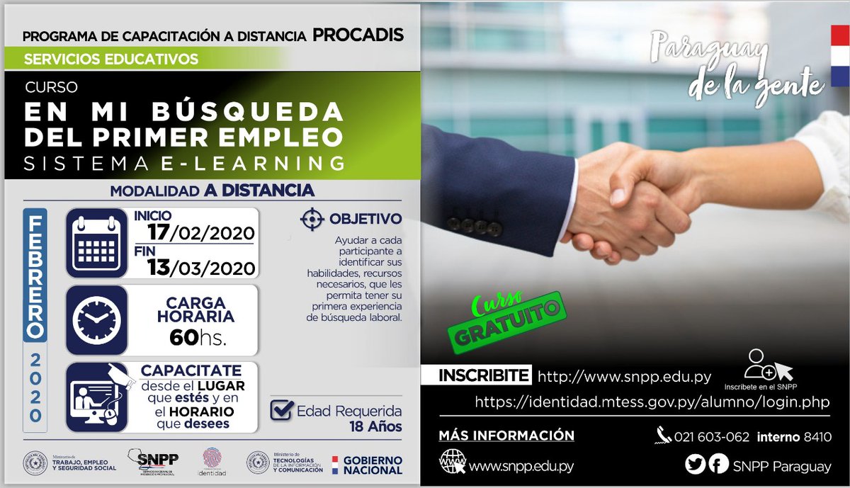 SNPP_Paraguay's tweet photo. 📣En este mes de febrero tenemos cursos online para vos!!! 👩🏽‍💻👨🏽‍💻💻🖥🙋‍♀🙋‍♂

Abrimos el periodo de inscripciones para los cursos online que ofreceremos en el transcurso de este mes de febrero, mediante la plataforma e - learning del SNPP. https://t.co/G6RByGfCuX