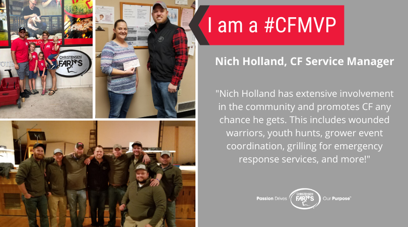 CF_Farms's tweet photo. CF is excited to feature our employees that continually live up to our mission, values and people (MVP’s)! Today we are showcasing Nich Holland, CF Service Manager. #CFMVP https://t.co/JArN5xOzux