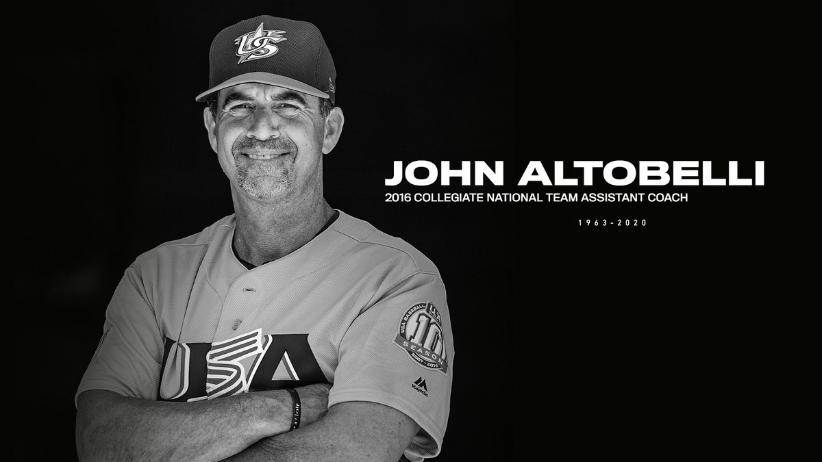 USABaseball's tweet photo. We join in mourning the loss of former @USABaseballCNT assistant coach John Altobelli, his wife, Keri, and their youngest daughter, Alyssa. Our heartfelt condolences go out to their family, as well as to all of the families of the victims from the helicopter crash in Calabasas. https://t.co/AuWvmt4cY5