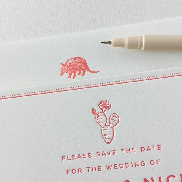 Sesame_LP's tweet photo. Details from a save the date card and envelope for a Texas wedding. I love this tiny armadillo! •
•
•
•
•
•#weddinginvitation #custominvitations #letterpressinvitations #weddinginspo #weddinginspiration #modernwedding  #weddinginvitations #austinwedding  #weddingstyle https://t.co/sL1offGrhy