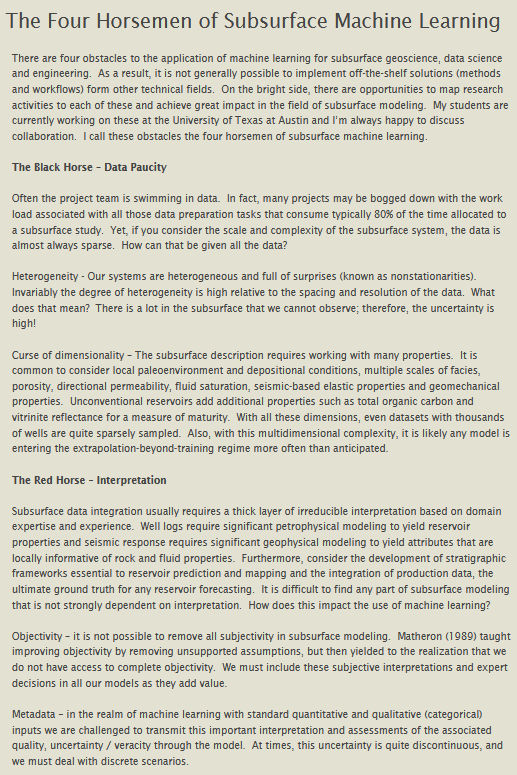 GeostatsGuy's tweet photo. I wrote some thoughts about the application of #MachineLearning in the context of subsurface modeling and development decision making. Data paucity, unavoidable interpretation, complicated physics and expensive decisions all pose unique challenges. https://t.co/FLcHjTC00t https://t.co/puxjnBEwaW
