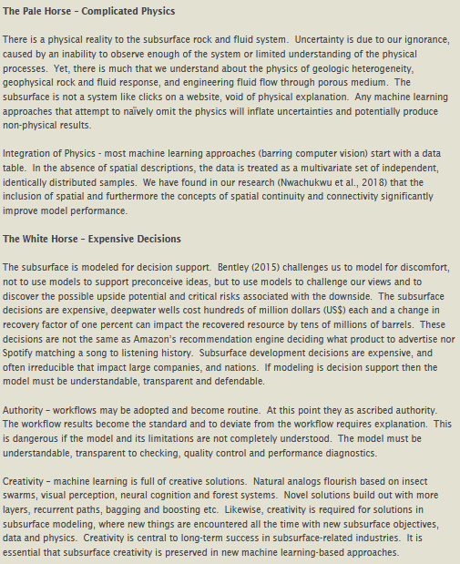 GeostatsGuy's tweet photo. I wrote some thoughts about the application of #MachineLearning in the context of subsurface modeling and development decision making. Data paucity, unavoidable interpretation, complicated physics and expensive decisions all pose unique challenges. https://t.co/FLcHjTC00t https://t.co/puxjnBEwaW