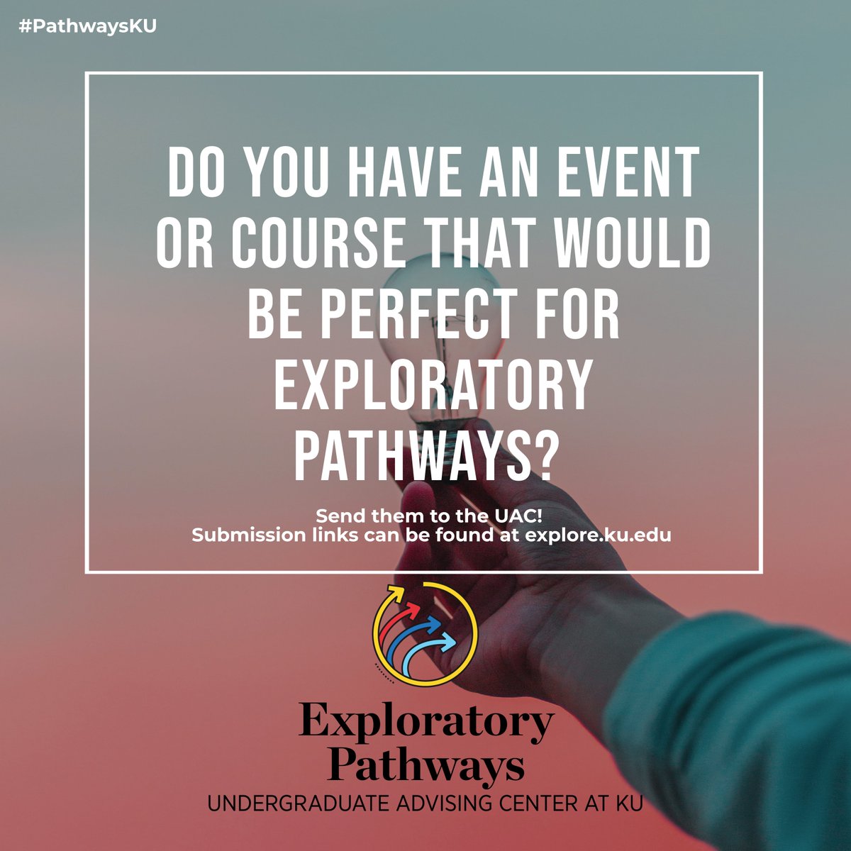 KUAdvising's tweet image. {Exploratory Pathways} We send involvement newsletters out to students every month. We are always looking for more to share! Send us events that are perfect for exploring students. #PathwaysKU or use our hashtag to let us know.