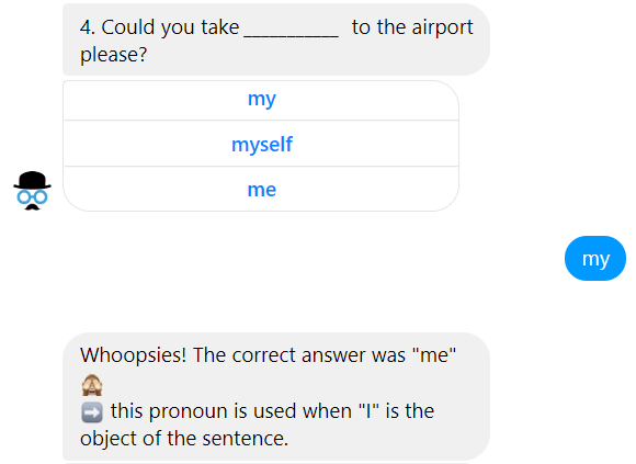 AliceGoda's tweet photo. ⚙️#Chatbot design tip: give feedback when the student makes a mistake! 🙊

It tells the student that making mistakes is ok and encourages them to study by providing small &amp; timely pieces of information 😃

Here's an example from #MrWinstonchatbot (WIP)

#UX #UI #design #edtech https://t.co/8PsyBnQ6CQ