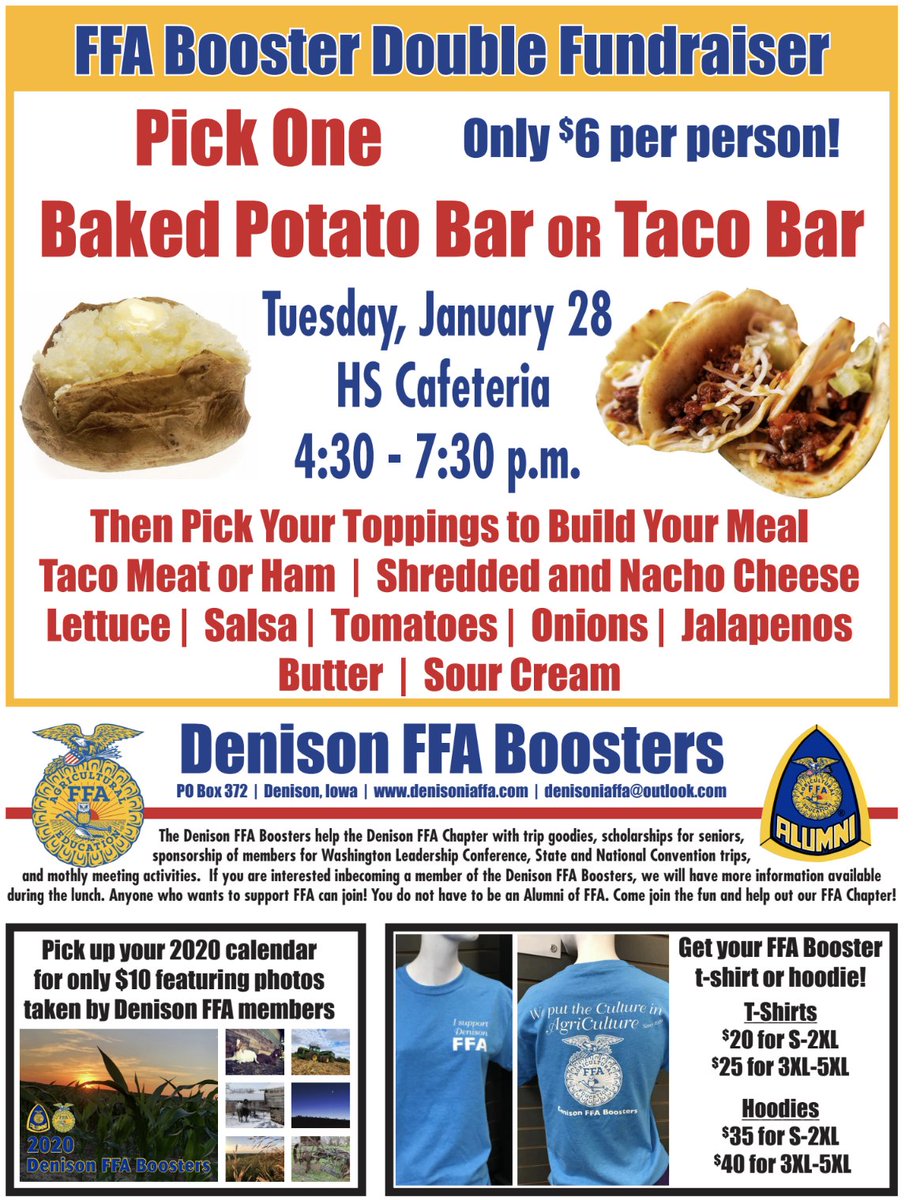 AdMonarchs's tweet image. The Denison FFA Boosters will be having a Baked Potato Bar/Taco Bar fundraiser Tuesday, Jan. 28th in HS Cafeteria during the basketball games vs Harlan. Help the FFA to raise funds to support their upcoming FFA Contest season. 
#Monarchs #kdsnsports @HCSDActivities
