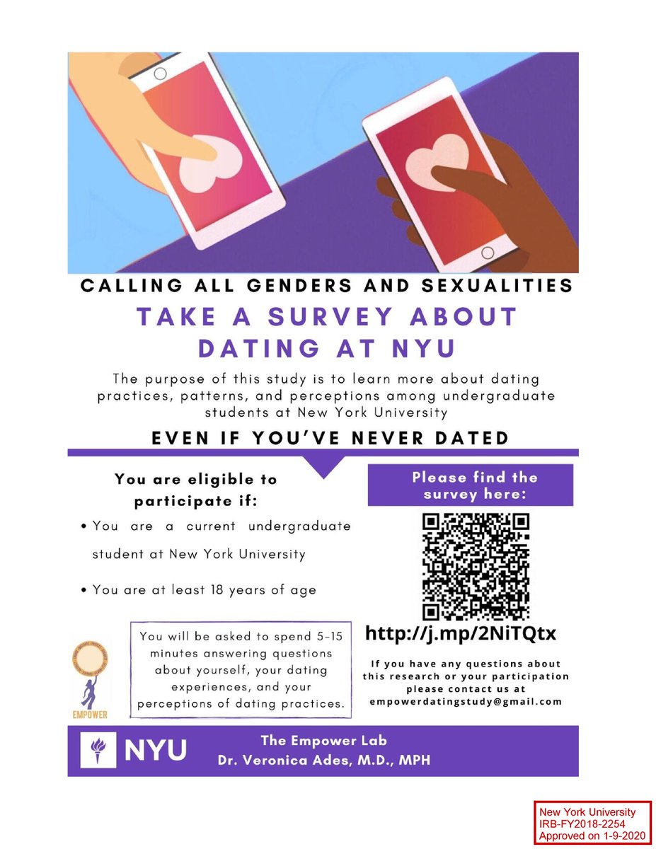 nyuempowerlab's tweet image. Are you an NYU student over 18? Here’s an opportunity to vent about (or share) your dating experiences in our ~anonymous~ survey about dating at NYU. j.mp/2niTqtX