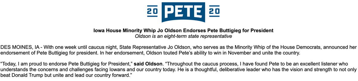 bhalle87's tweet photo. Huge endorsement news out of Iowa today: House Minority Whip and eight-term State Representative Jo Oldson endorses @PeteButtigieg for president. #IACaucus https://t.co/M6oxxd6gEQ