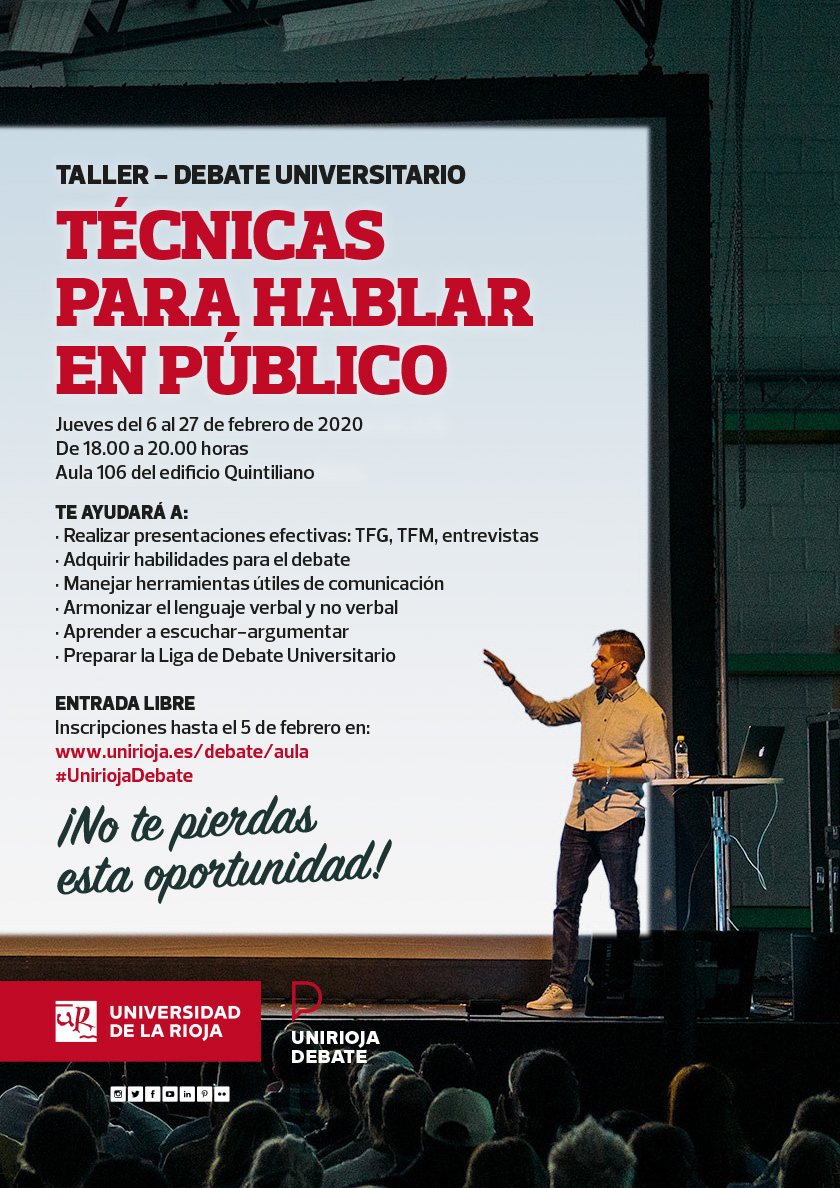unirioja's tweet photo. 📢📢 ¿Quieres mejorar tus destrezas para #hablarenpúblico? ¿Presentas el #TFG o #TFM?
✔️¡Apúntate a este taller! 👇🏼
📅 Jueves desde el 6 de febrero
🏛️aula 106 #EdificioQuintiliano
🕕 18:00 a 20:00
👉🏼📲✔️https://t.co/di8xd5E3QF
@estudiantesUR #UniriojaDebate https://t.co/JCTOVQK1Ch