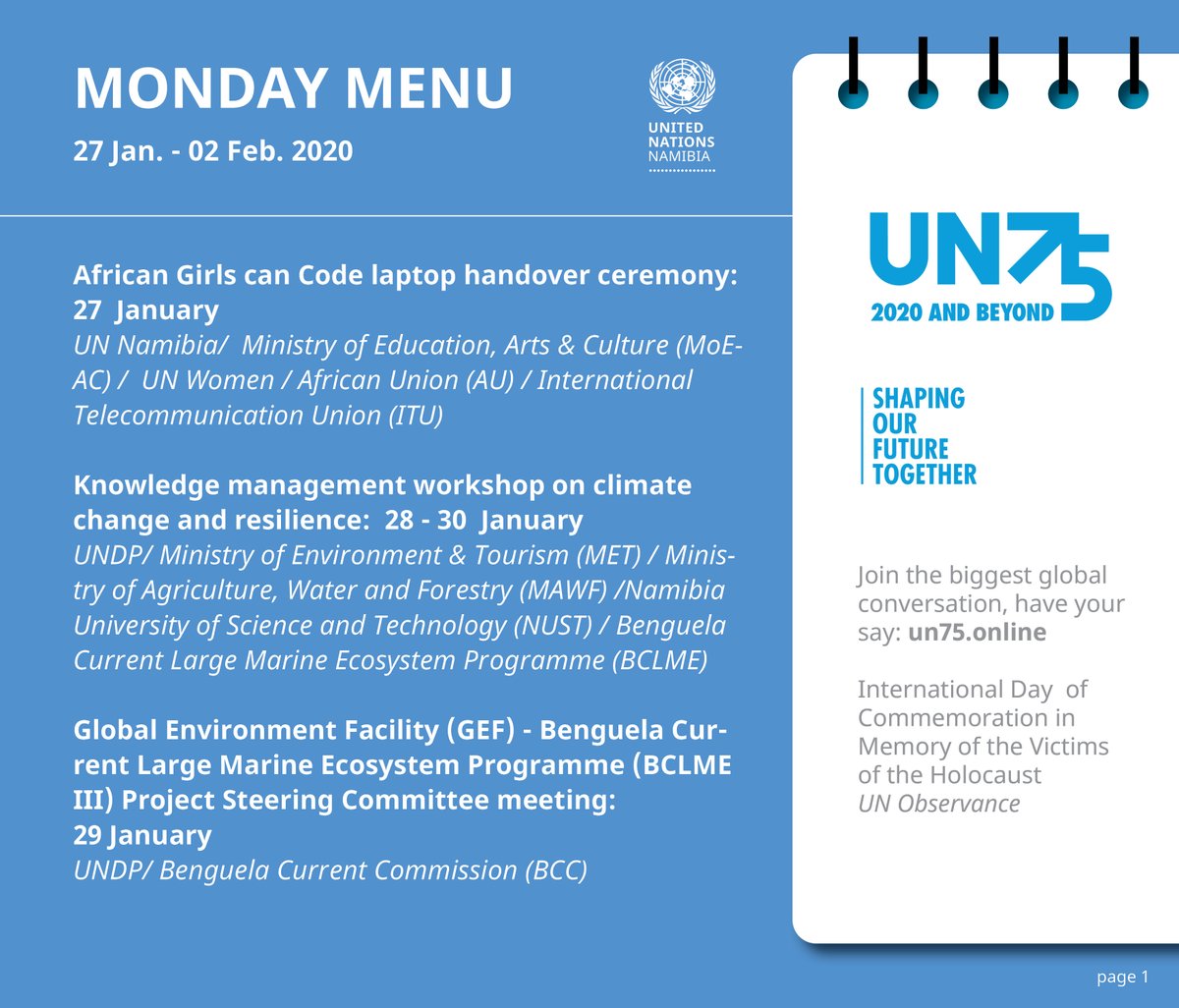 UNNamibia's tweet photo. Take a look at the week ahead @UNNamibia. Here is our #MondayMenu for 27 Jan. - 02 Feb. #DYK? UN in #Namibia, together with our partners are working towards achieving the #GlobalGoals. We have a Partnership Framework called #UNPAF, which outlines how we work #ForPeopleForPlanet. https://t.co/UQpiBOU6KS