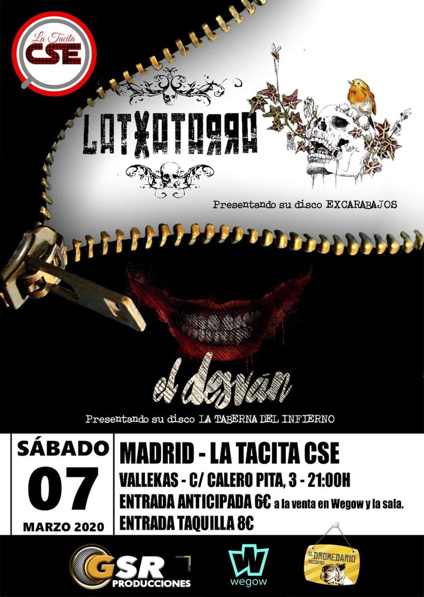 [LATXATARRA y EL DESVÁN]

GSR Producciones se complace en anunciar que, junto a El Dromedario Records, organizará la doble presentación de disco en Madrid de dos de sus artistas: @Latxatarra presentará "Excarabajos", mientras que <a href="/ELDESVANROCK/">EL DESVAN</a> harán lo propio con 👇