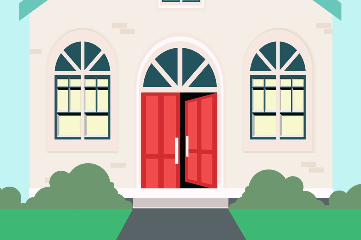 Illustration of a white brick home with the red front door ajar. 