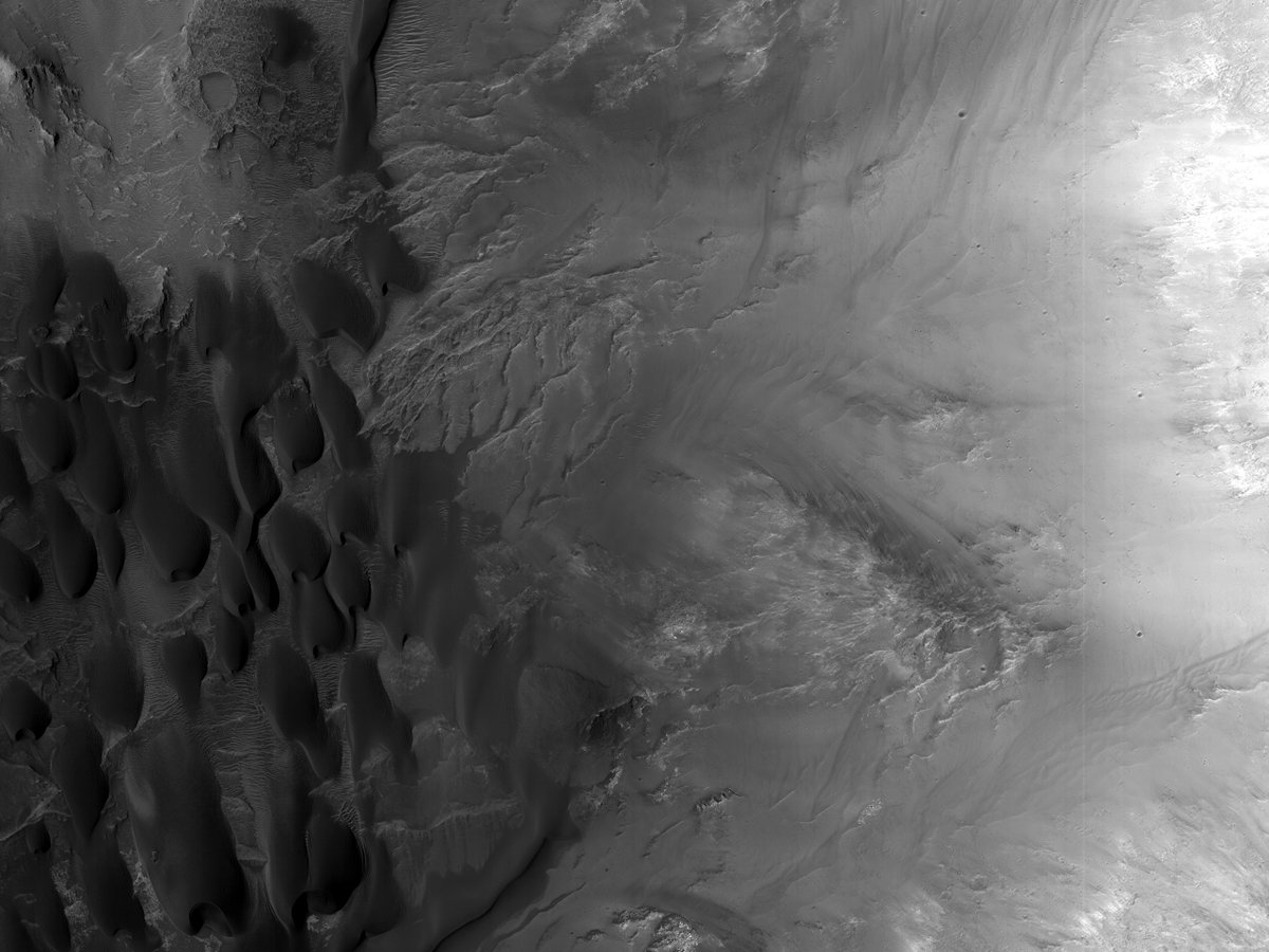 Dulovo Crater Dunes: We’ve imaged these beautiful, sleek barchan dunes before, so our goal is track for any changes three Martian years later. Dulovo is named for a town in Bulgaria. (NASA/UArizona)
