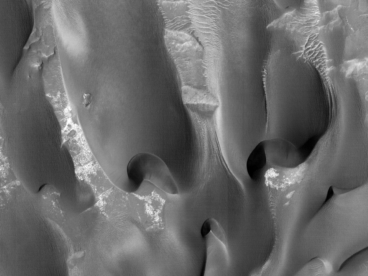Dulovo Crater Dunes: We’ve imaged these beautiful, sleek barchan dunes before, so our goal is track for any changes three Martian years later. Dulovo is named for a town in Bulgaria. (NASA/UArizona)