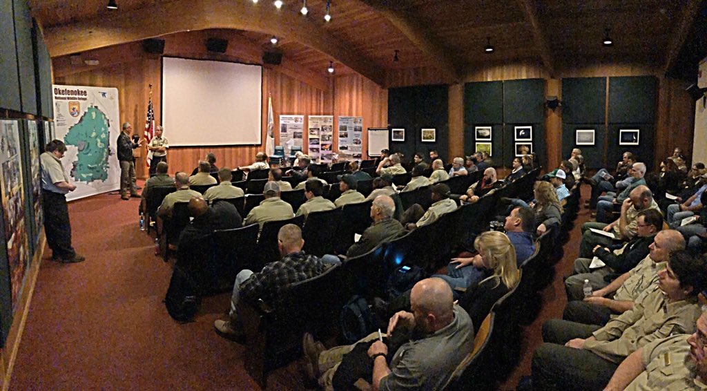 USFWSFire's tweet photo. #USFWS, Greater Okefenokee Association of Landowners GOAL and the Southern Area Incident Management Teams Incident Commanders are meeting today for a preseason situational awareness to assure readiness for the next large fire event at #OkefenokeeNWR #GoodFire #CohesiveStrategy https://t.co/rBTaeHjSQR