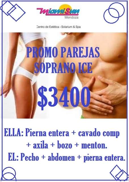 PROMO PAREJAS♥!!! No te la pierdas☺
Depilacion laser soprano ice. EQUIPO ORIGINAL Y SABEMOS COMO HACERLO!!!
ELLAS: pier ent + cav comp + axila + bozo  +  menton
ELLOS: pecho + abdomen + pier entera.
$3400
Reserva tu turno hoy...
Suc. Centro WSP 2615370526 Tel: 4294645 / 4294642