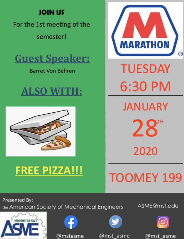 Welcome back to Rolla for the spring semester! 🤓 Tomorrow, we will hold our first general meeting of 2020 as we host a guest speaker from Marathon! #mst #asme