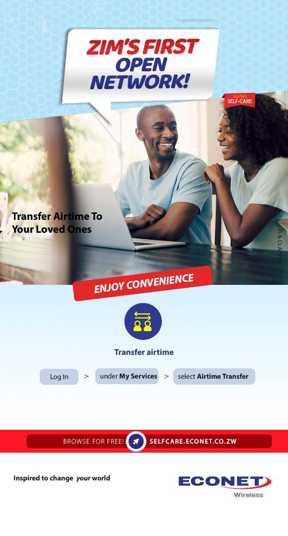 veeMurinye's tweet photo. Enjoy real convenience with Econet's Web SelfCare service, Transfer airtime to your loved ones. Click link https://t.co/Jv51QO1K26, login and go to My Services and instantly share airtime. @HeraldZimbabwe @DailyNewsZim @bustoptv @ZBCNewsonline @263Chat https://t.co/zLwZlT5Whi