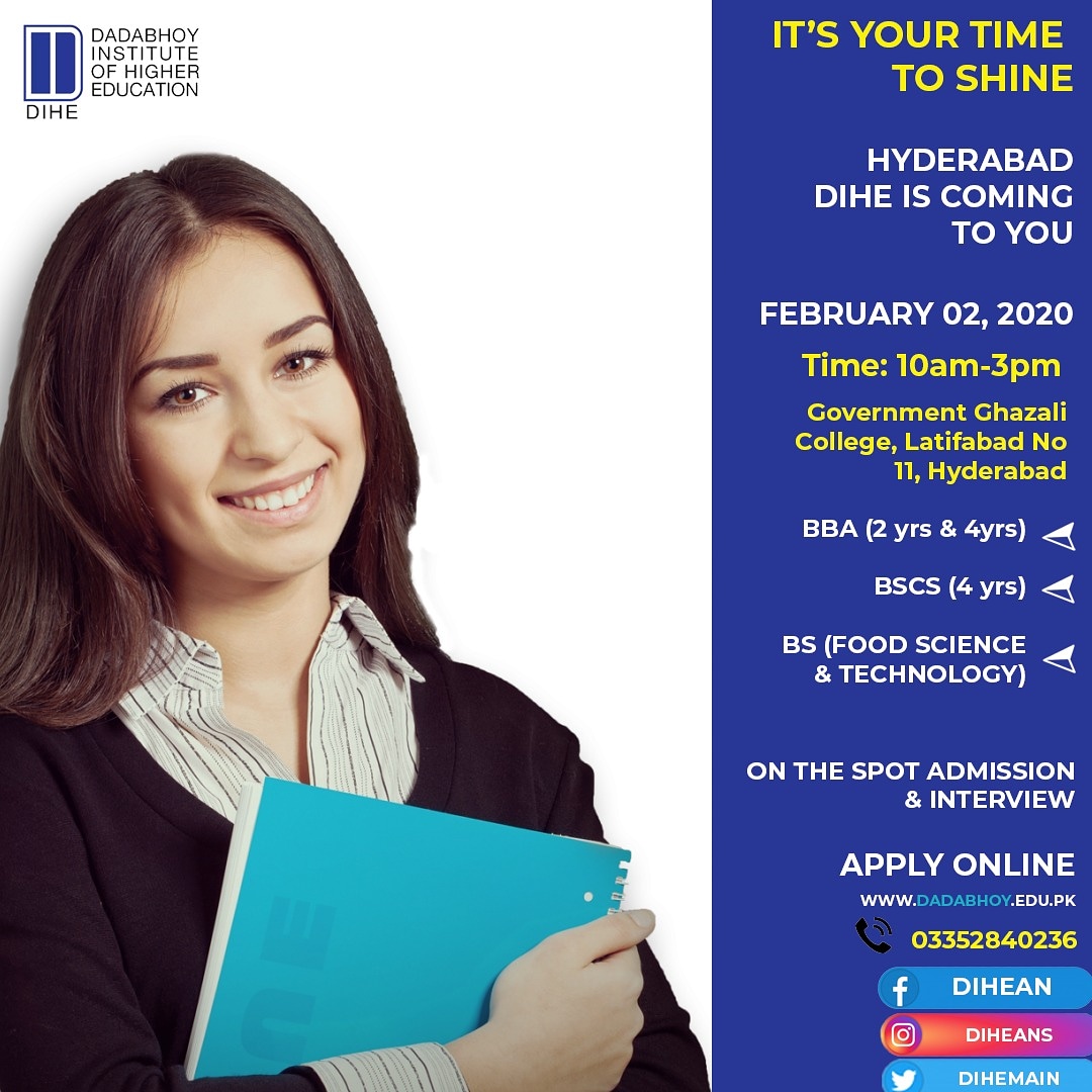 DIHEMAIN's tweet photo. HYDERABAD WE ARE COMING TO YOU!

Team DIHE is coming to Hyderabad on 2nd February, to help students unleash their potentials and shine.

On the spot, admissions &amp; interviews will be conducted. 

#Dadabhoy #HigherEducation #Hyderabad #wecomingtoyou #DIHE #DIHEAN https://t.co/zPS29Jkn86