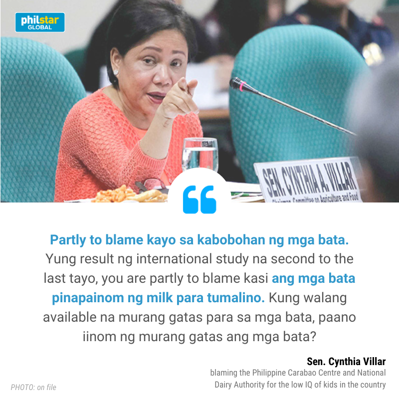 PhilstarNews's tweet photo. Sen. Cynthia Villar, one of the richest senators in the country, blamed the Philippine Carabao Center and National Dairy Authority for children's low IQ.

Sen. Villar said children's low performance is due to the low production of affordable milk in the country. https://t.co/8p62HmtczW