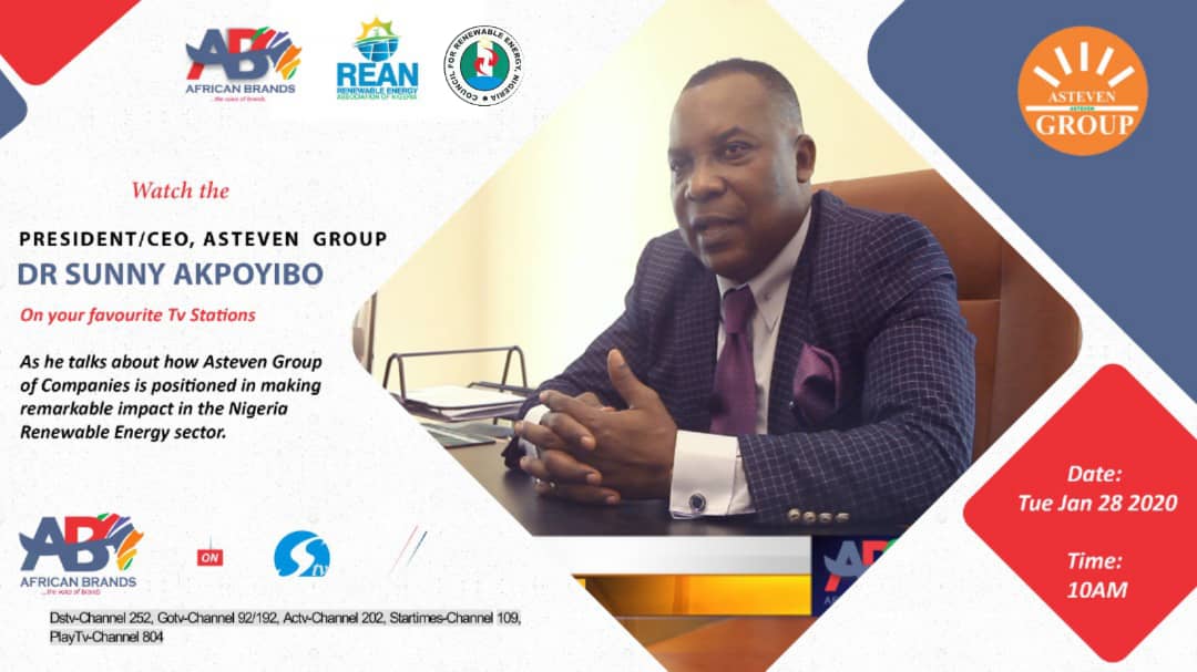 astevengroup's tweet photo. Dr Sunny Akpoyibo Ph.D will be on live documentary on Tuesday 28th January, 2020... 10am prompt. Showing on Silverbird Television, the African Brand show... On gotv, Dstv and startimes. Stay tune... #sdg7 #astevengroup #asrea
#solarenergy #documentary #silverbirdtv #africanbrand https://t.co/VJstr7bAcB