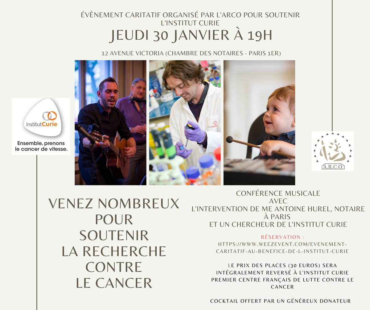 #notaire Vous êtes notaire et avez envie de vivre une belle soirée musicale pour soutenir l’Institut Curie? Venez avec votre famille et vos amis ce jeudi 30/01. Il reste pas mal de places, alors réservez la vôtre ici ✨: weezevent.com/evenement-cari…