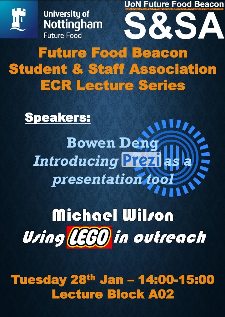 <a href="/UoN_FFB_SSA/">UoNFutureFood SSA</a> is arranging their first lecture of the lecture series on 28th Decmber. If want to learn something different whether it is LEGO models for outreach or Prezi presentation software this is something you don't want to miss.
Location: LB A02, SB
Time: 28 Jan,14:00