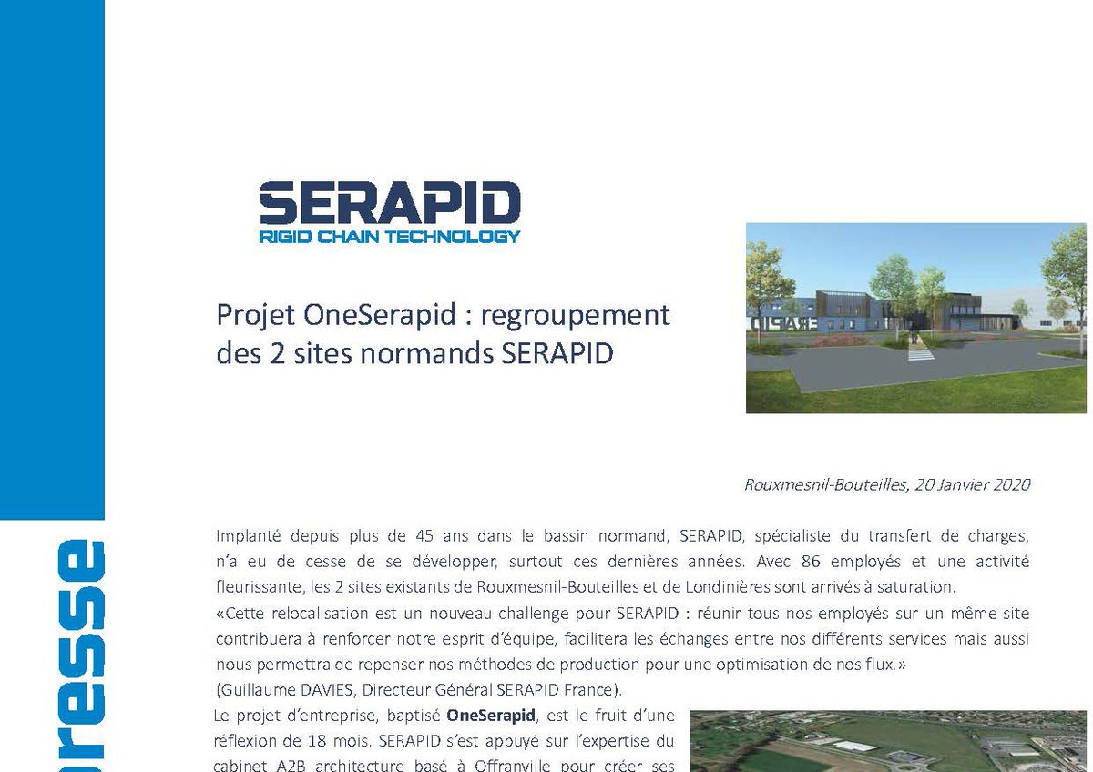 Dans le cadre de son expansion, SERAPID va regrouper ses 2 sites normands à l’horizon 2021 sur la zone d’Eurochannel à Neuville-les-Dieppe.
Plus d’information: bit.ly/36uiwXt