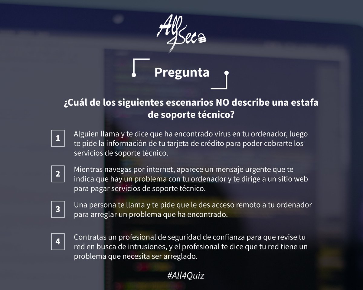 All4Sec's tweet photo. #All4SecQuiz En #All4Sec queremos hacer énfasis en la importancia de conocer cómo funcionan los procesos del servicio técnico para evitar problemas de #ciberseguridad. ¿Conoces esos procesos? https://t.co/hWIqLjvLx1