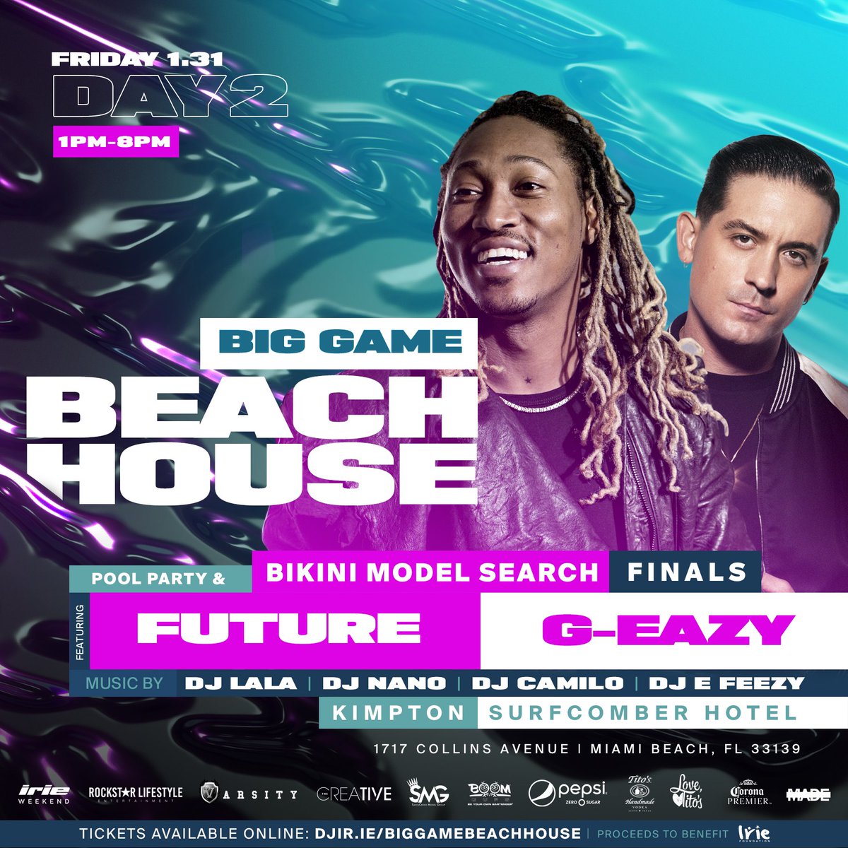 iriefoundation's tweet photo. Join the #IrieFoundation at the first ever
BIG GAME
BEACH HOUSE
Featuring performances by: @TreySongz @2chainz @G_Eazy &amp; @1future 🔥🏈 This Thursday 2pm &amp; Friday 1pm @SurfcomberHotel Miami Beach
Tix: https://t.co/Jn8suX3Awp https://t.co/aTOXkPl0wl
