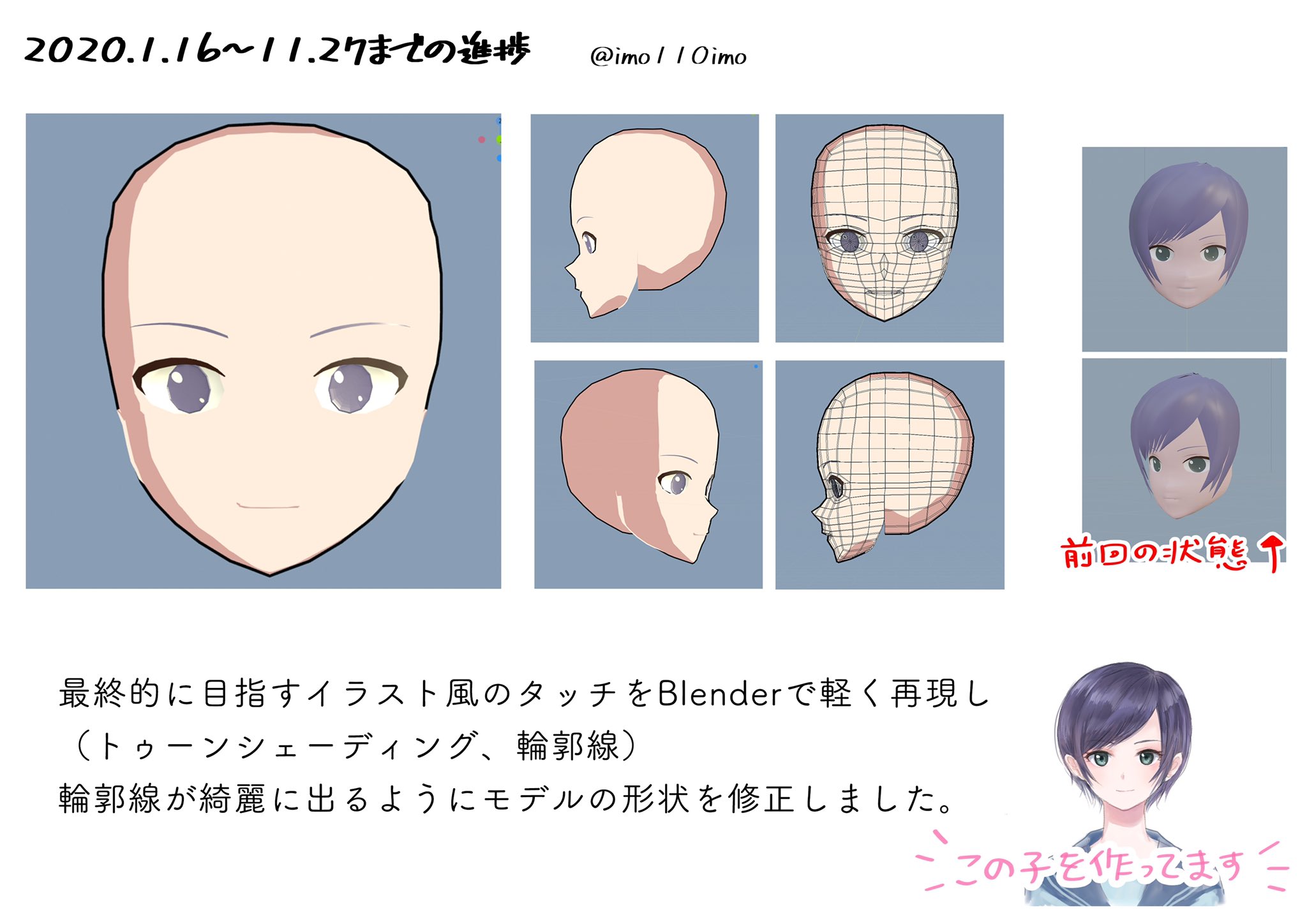 いも 絵コンテ描いてる ゲーム制作 先週の進捗です アニメ調の質感にして輪郭線をblender上で出しつつ 顔の修正をしました 次は耳をつけて髪の毛の作り込みです Blender T Co Yjvfaxmws6 Twitter