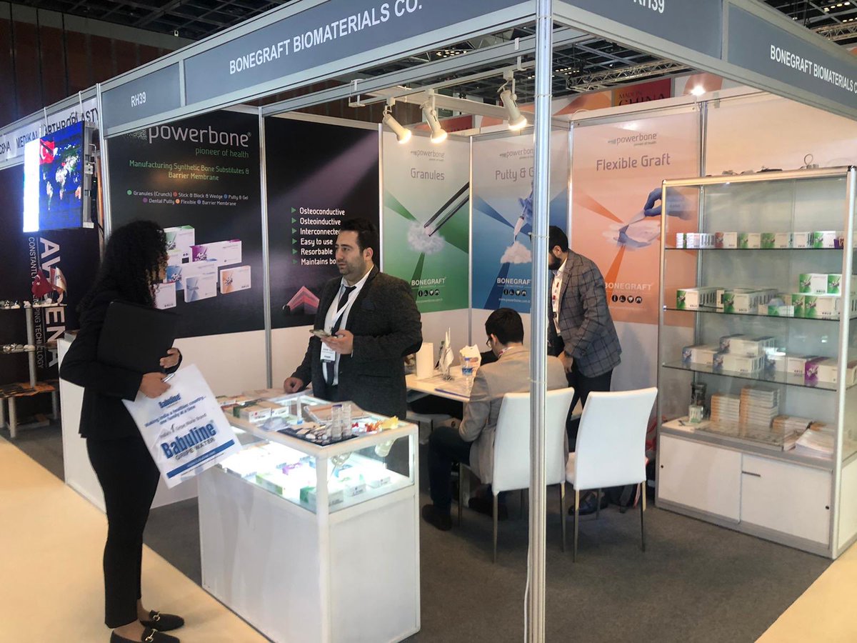 BonegraftBiomat's tweet photo. Arabhealth2020 #Dubai #bonegraft #powerbone #granules #putty #gel #flexiblegraft #membrane #chondromatrix  firstday👍🏻 https://t.co/8ngHBCV6Tq