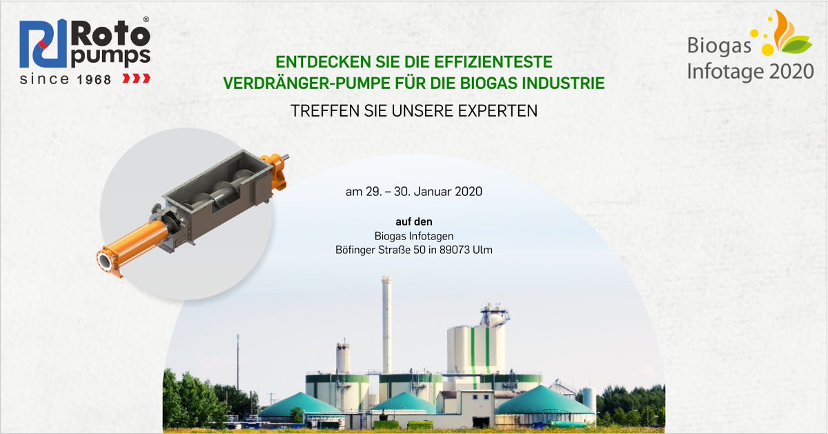 Rotopump's tweet photo. We at #RotoPumps take this opportunity to invite you at #BiogasInfotage2020, ULM, Germany. Come &amp; seek advice for queries related to #PDPump to meet Biogas Challenges. Visit us to see our exclusive range of Biomix Pumps &amp; Biogas Pumps at Biogas Infotage Stall No.262B, Hall No.2 https://t.co/wNbvxvtSJO