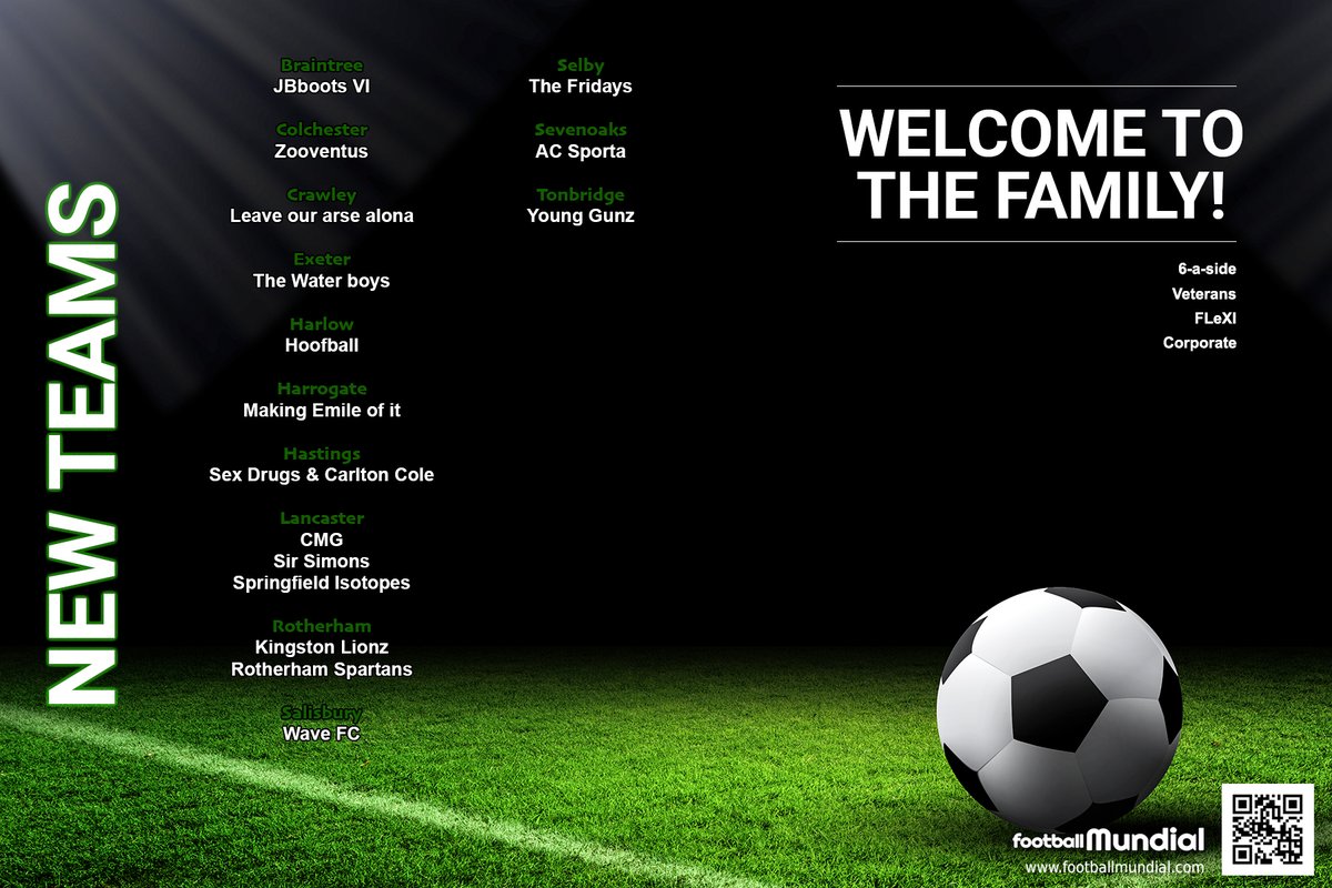 ⚽ WELCOME TO THE FAMILY! Hello to all the new teams joining our leagues last week.

Come and play 6-a-side, FLeXI, Veterans 11-a-side or Corporate football with us.

Leagues throughout the UK.

footballmundial.com

#NoGoalsNoGlory