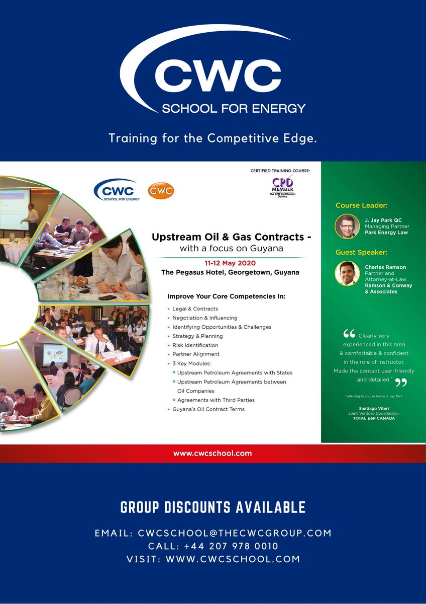 CWC_School's tweet image. We will be holding our Upstream Oil &amp;amp; Gas Contracts course - with a focus on Guyana from 11-12 May 2020 in Georgetown, Guyana. 🇬🇾

Click here for more information and to download the brochure: cwcschool.com/course-schedul…

#upstream #energy #oilandgas #guyana #offshore