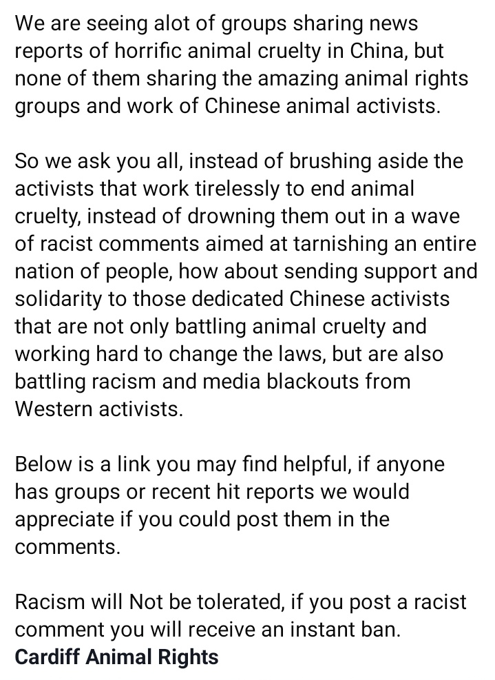 CardiffARG's tweet photo. What YOU can do to help end cruelty to animals in China /Asia.Instead of labelling everyone in those countries animal abusers, please SUPPORT the brave animal activists there who do amazing direct actions to liberate&amp;campaign. They risk their liberty &amp; their lives to save animals https://t.co/H4YFUfhGta