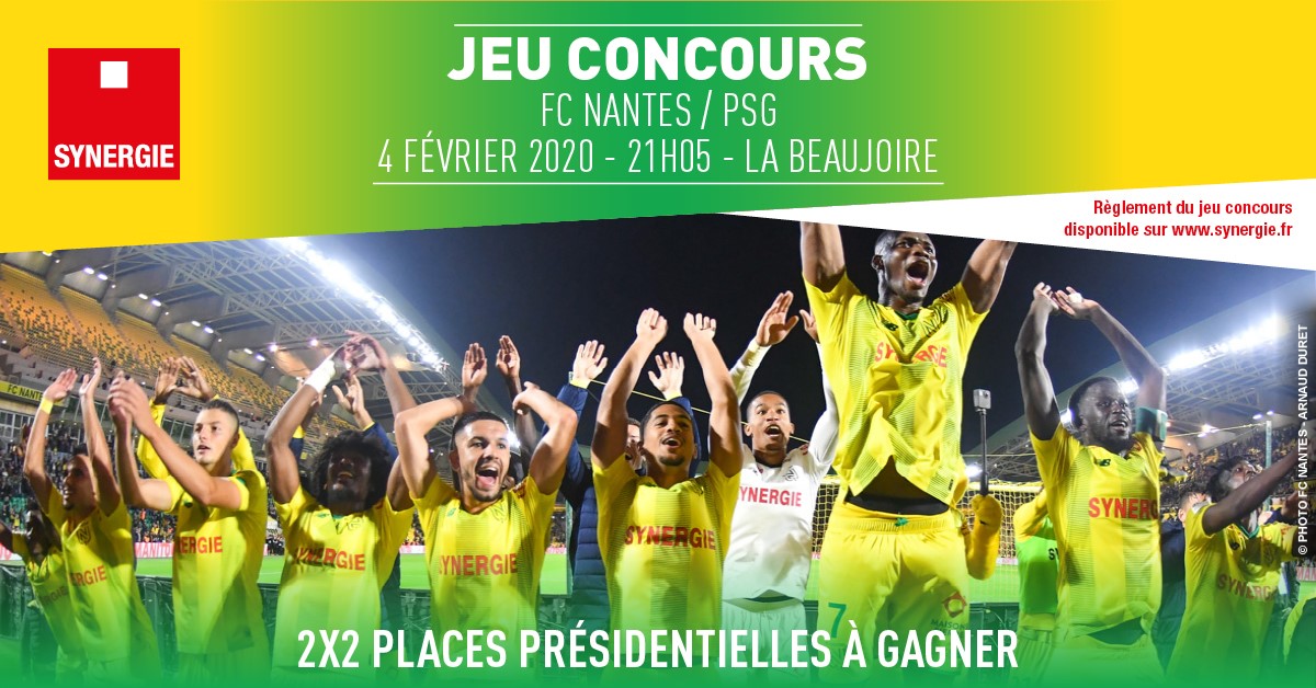 Synergie's tweet photo. #CONCOURS 🥳
Le match @FCNantes VS @PSG_inside arrive à grand pas ! Synergie vous fait gagner 2x2 places présidentielles le 04/02.
Pour participer : 
▪️ RT ce tweet
▪️ Follow le compte @Synergie  
🍀 Tentez votre chance jusqu'au 31/01 😊#Ligue1Conforama https://t.co/iWTadWbEdN https://t.co/Ci0s32tgry