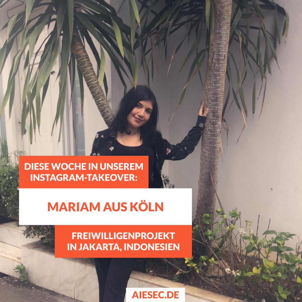Diese Woche starten wir diesmal in Asien mit Mariam. 😍

Sie macht ein Freiwilligenprojekt in Indonesien, in dem sie mit blinden Kindern zusammen arbeitet. 👩‍👧‍👦
Du willst mehr über Mariam, Indonesien und ihr Projekt erfahren? 
Dann schaue diese Woche auf Instagram vorbei 👉🏼aiesecde