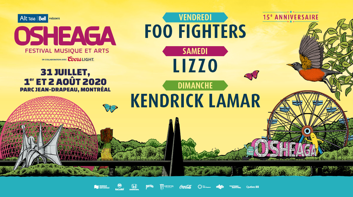 🚨 <a href="/Bell_FR/">Bell</a> Alt Télé est fière d’annoncer EN PRIMEUR les têtes d’affiche d'<a href="/osheaga/">OSHEAGA</a>: <a href="/lizzo/">LIZZO</a>, <a href="/kendricklamar/">Kendrick Lamar</a> &amp; <a href="/foofighters/">Foo Fighters</a>! On souhaite une 15e édition GÉNIALE, du 31 juillet au 2 août au <a href="/ParcJeanDrapeau/">Parc Jean-Drapeau</a>. 
🎫 iheartradio.ca/evenements/osh… 
#BellAltTele #Osheaga #iHeartRadio