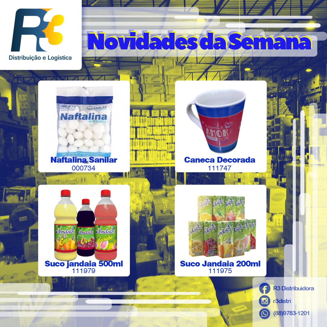r3distri's tweet photo. Novidades imperdíveis! A R3 tem sempre o melhor em qualidade e variedade. 😁🔵

#novidadesr3 #temnar3 #naftalina #caneca #suco #jandaia https://t.co/uFwL8AeTE2