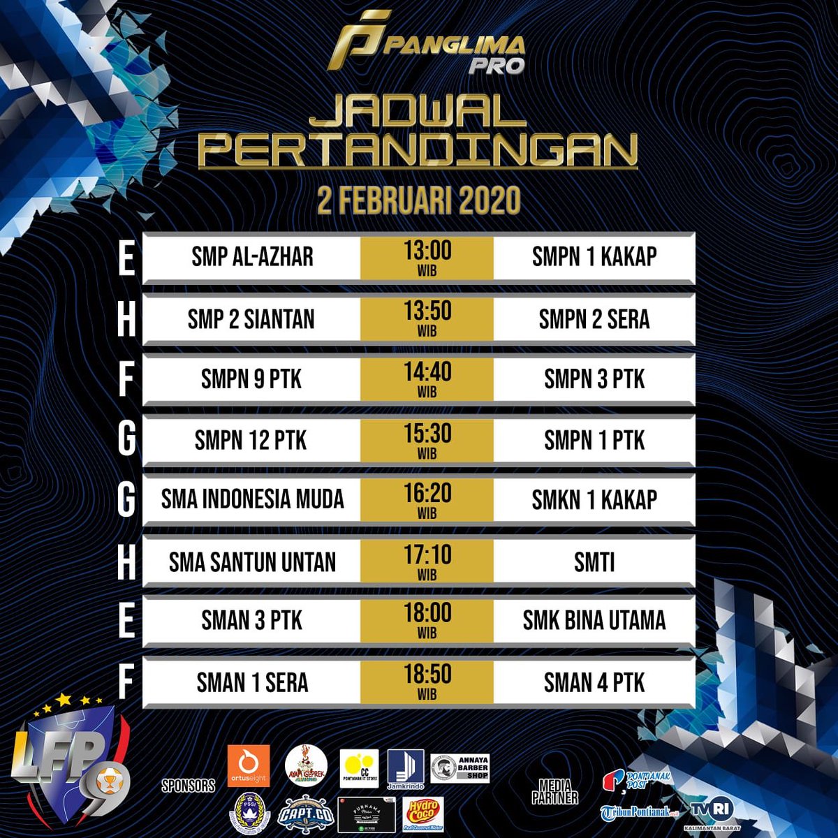 Jadwal Pertandingan
Minggu, 2 Februari 2020
Liga Futsal Pelajar IX