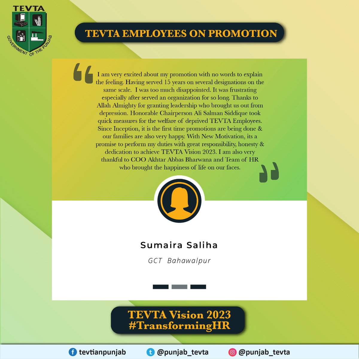 punjab_tevta's tweet photo. P-Tevta Under the Leadership of Chairperson @AliSalmanPTI is embarked on a Journey of Transforming Lives &amp; Facilitating Employees!

#TEV2019 #TEVTAVISION2023 #TransformingHR https://t.co/JnIwlMUIAY