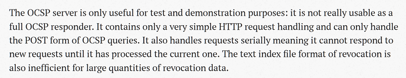 chikamizuki1993's tweet image. #OpenSSL の #OCSP 関連の文書を読んでいると、原典にコンナ記述が...
ま、意訳すると「OpenSSL の OCSP サーバー機能はテスト、デモ用途しか考えてないから本番じゃ使えないよ」というコトである。
色々な意味で、納得😅
途中からそんな気がしてた😅